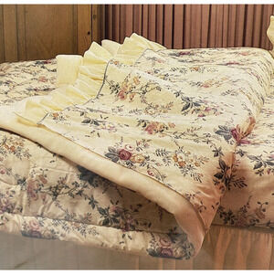 Vtg Martex Full Flat Sheet Ruffle Tan Cream Floral English Country Cottage NEW